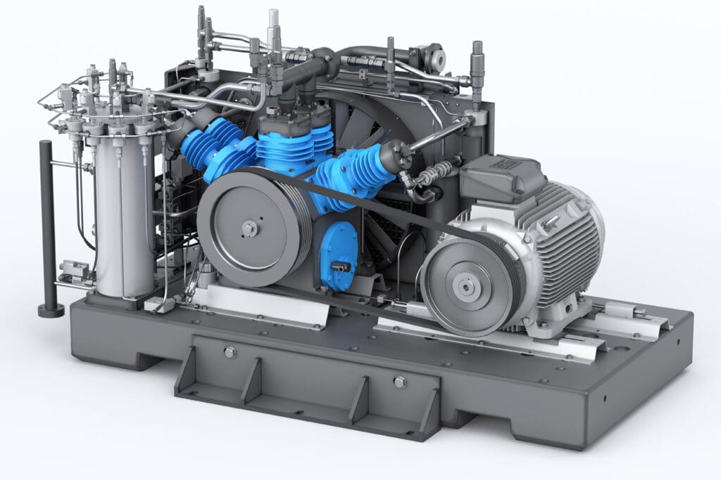 High pressure industrial compressor with electric motor, belt drive, cylinder block and pipes. 3D rendering