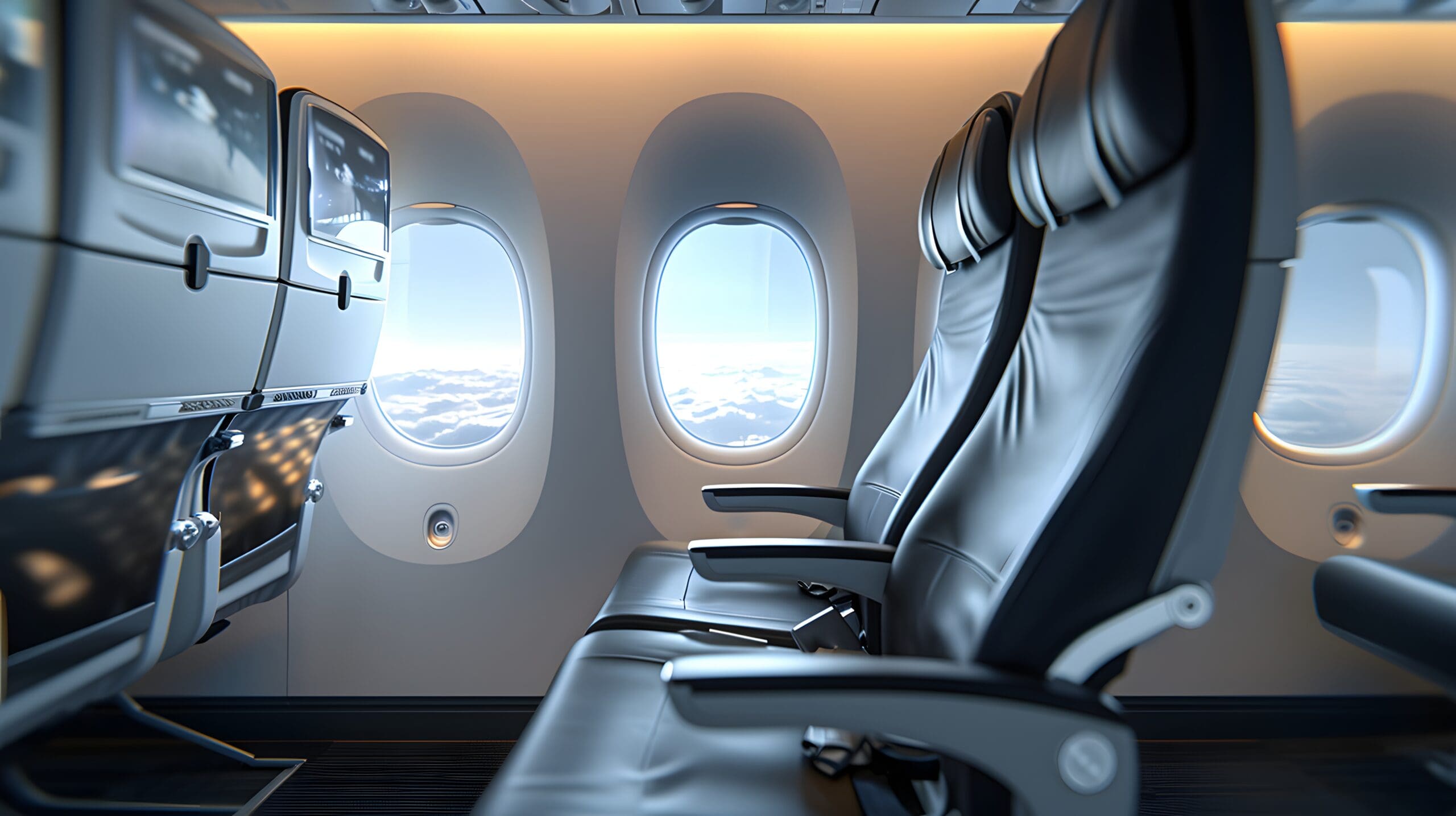 interior of the airplane, a row of seats in an airplane with the windows open and the seats facing the side of the plane