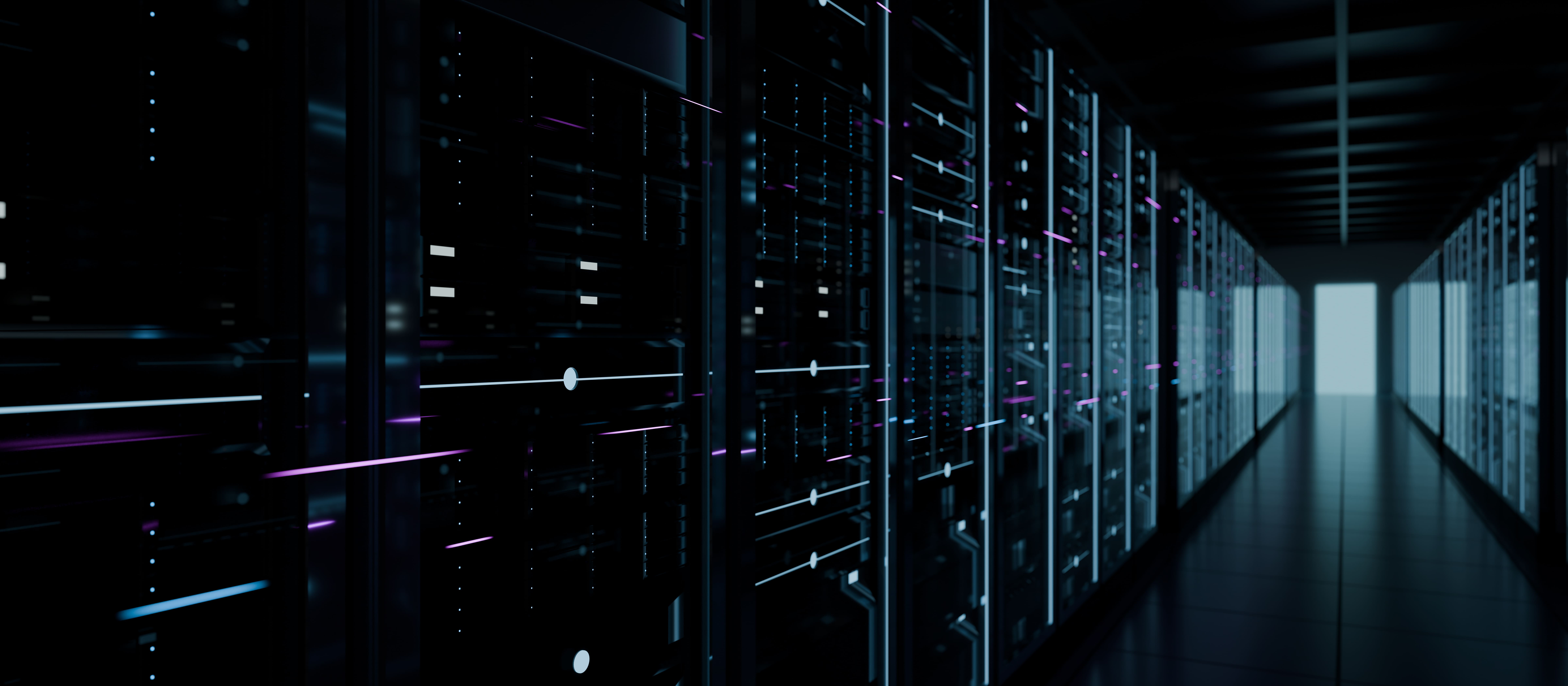 Computer server room in data center center corridor, representing cloud computing network infrastructure, big data storage hosting, cyber security mainframes server equipment