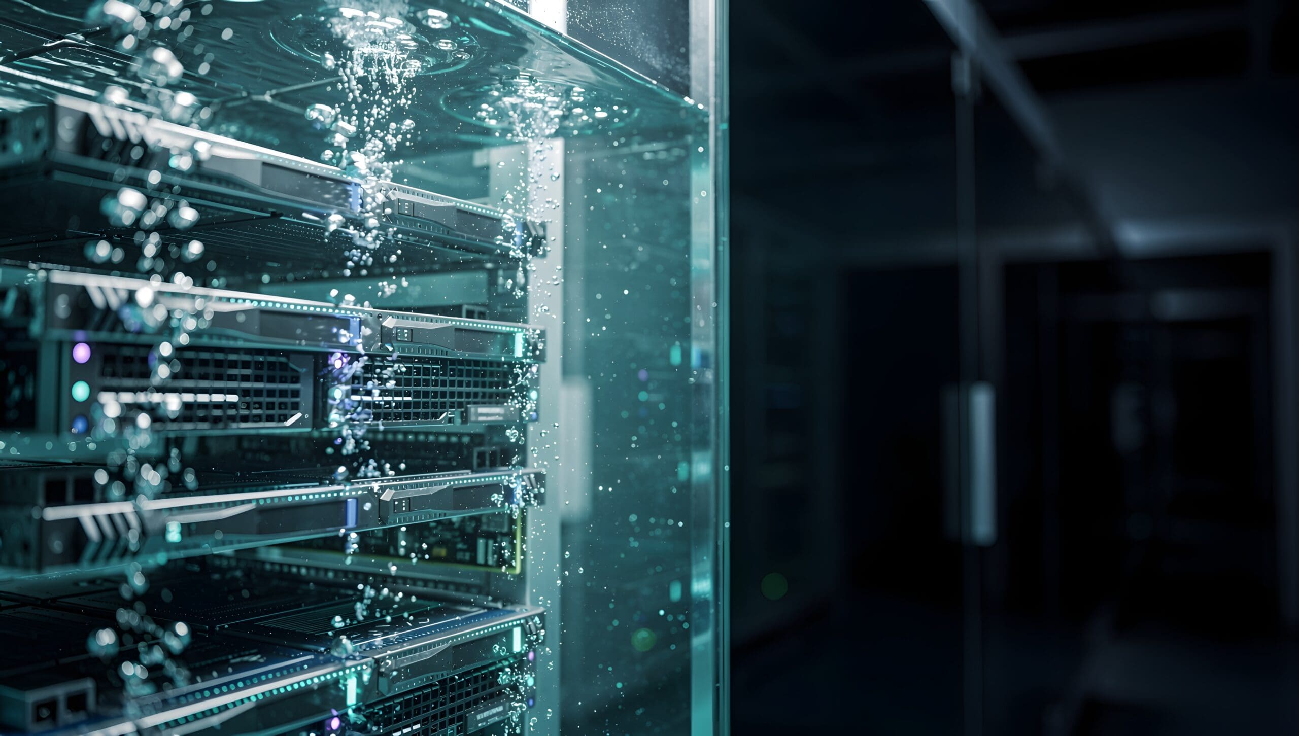Servers submerged in liquid immersion cooling tank with bubbles, energy efficient data center