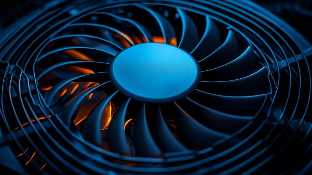 A close up of a blue fan with orange flames