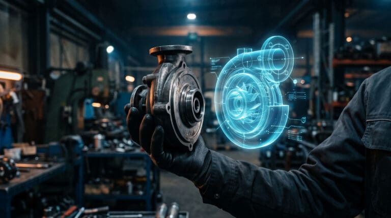 Mechanic holding turbocharger with holographic digital blueprint in workshop