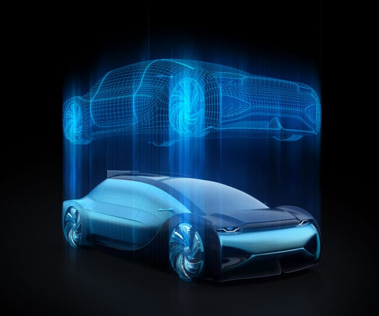 Autonomous electric car and wireframe rendering of the car body on black background. Digital Twin concept.  3D rendering image.