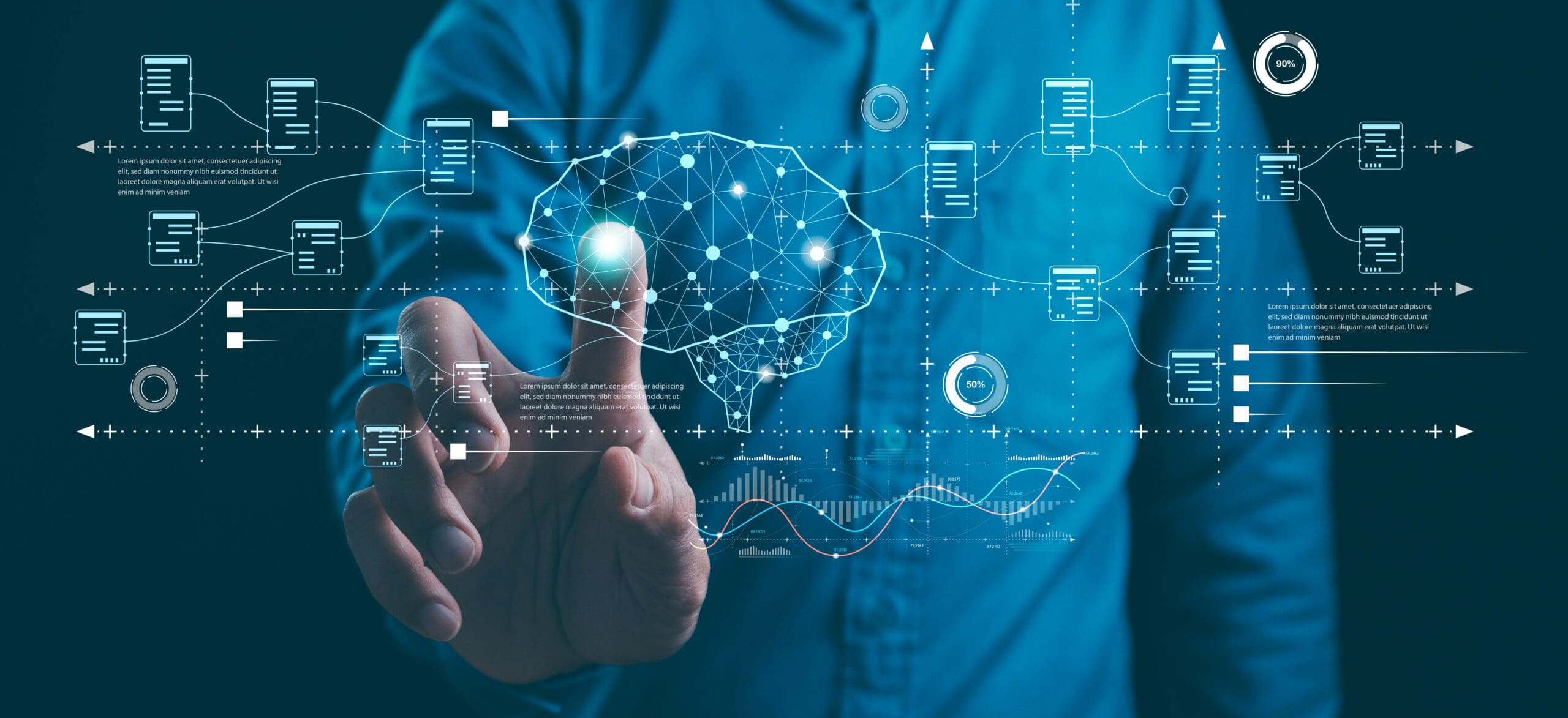 Big data technology and AI data science. Data scientist querying, analysing and visualizing complex set on virtual screen. Data flow concept. Neural network, artificial intelligence, ML, analytics.